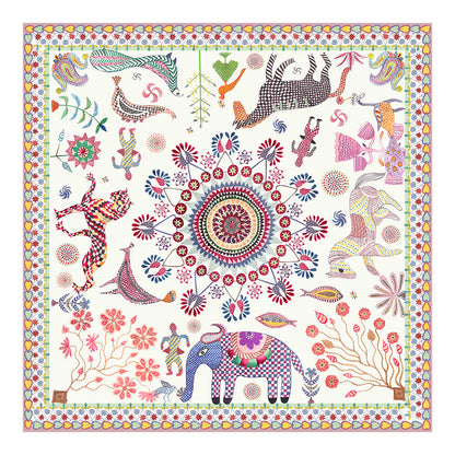 Full view of the colorful animal and floral silk scarf print