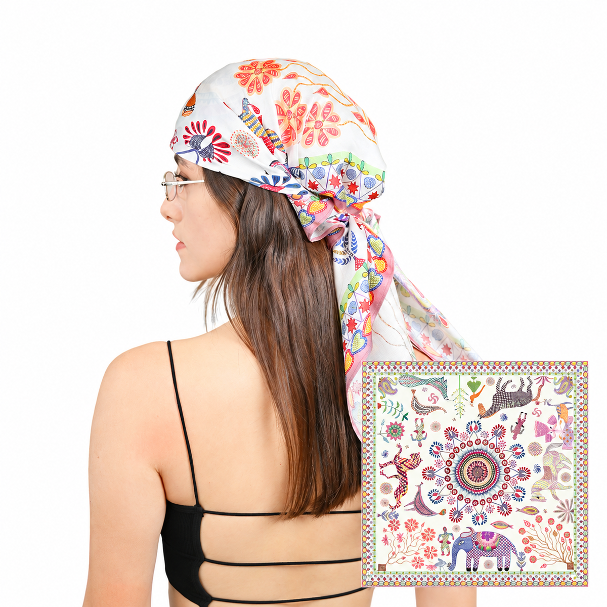 Model wearing the colorful silk scarf on a clean white background