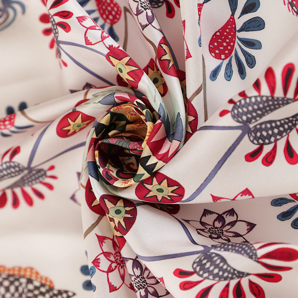 Close-up of the colorful silk scarf print