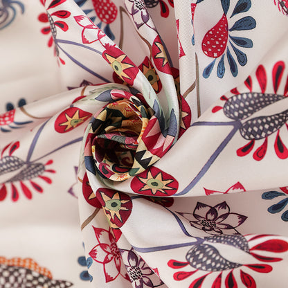 Close-up of the colorful silk scarf print