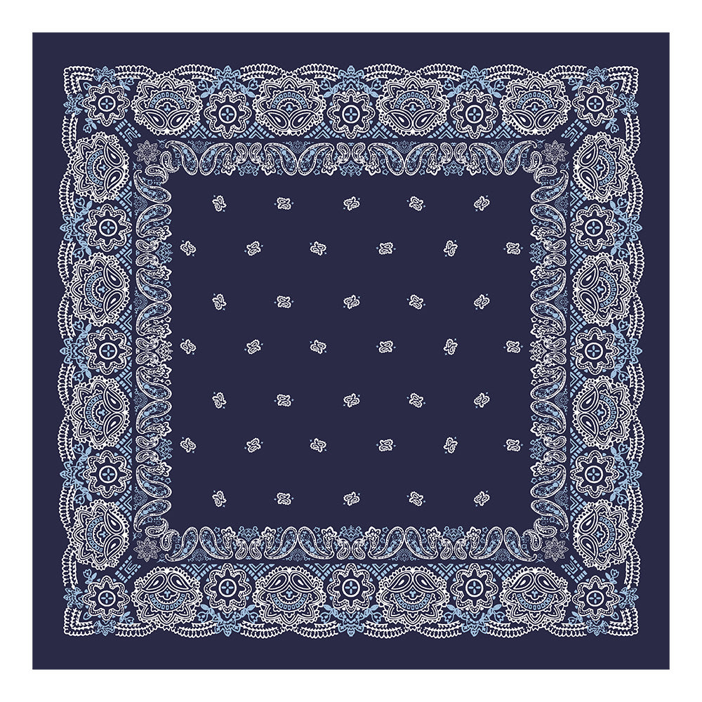 Navy and white paisley silk square scarf laid flat