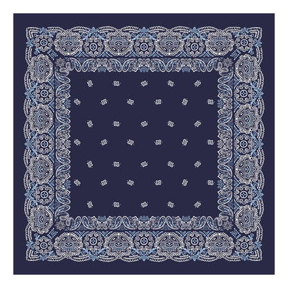 Navy and white paisley silk square scarf laid flat