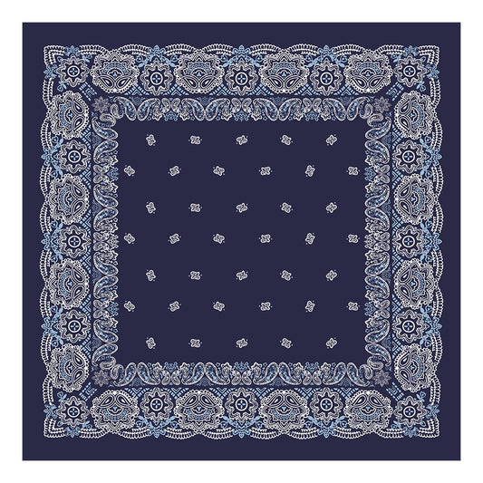 Navy and white paisley silk square scarf laid flat