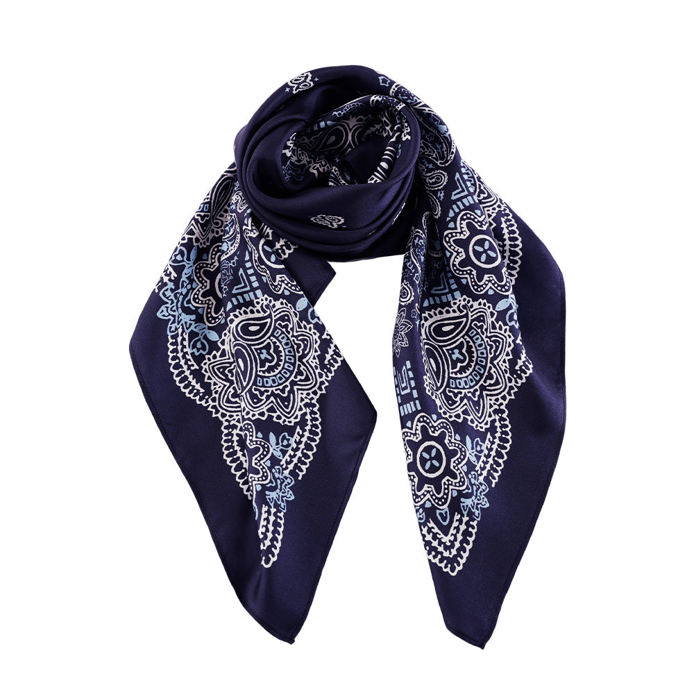 Navy and white paisley silk scarf draped for styling