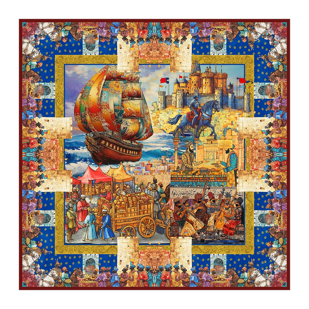 Colorful vintage oil painting silk square scarf laid flat
