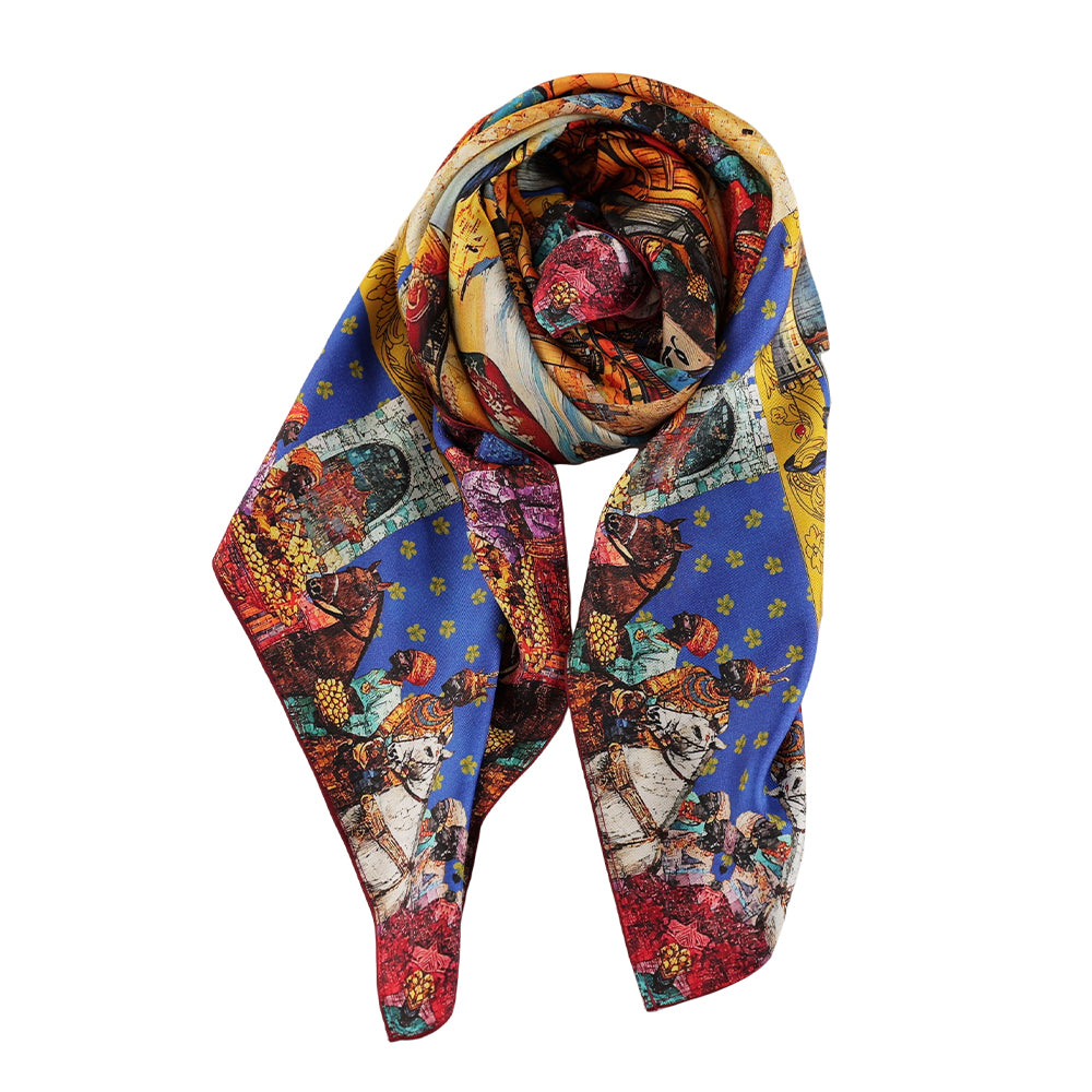 Draped styling of a colorful oil painting silk scarf