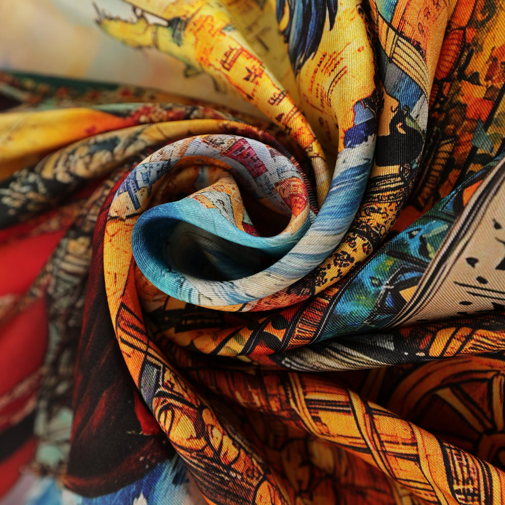 Close-up of the colorful vintage art silk scarf print