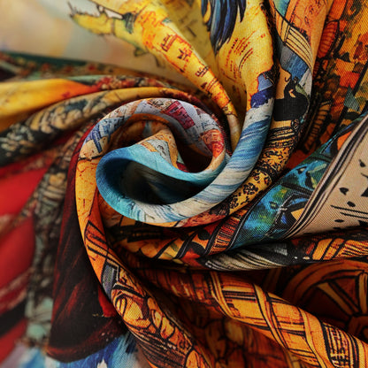 Close-up of the colorful vintage art silk scarf print