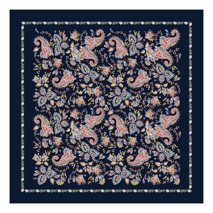 Navy silk square scarf with colorful paisley and floral print laid flat