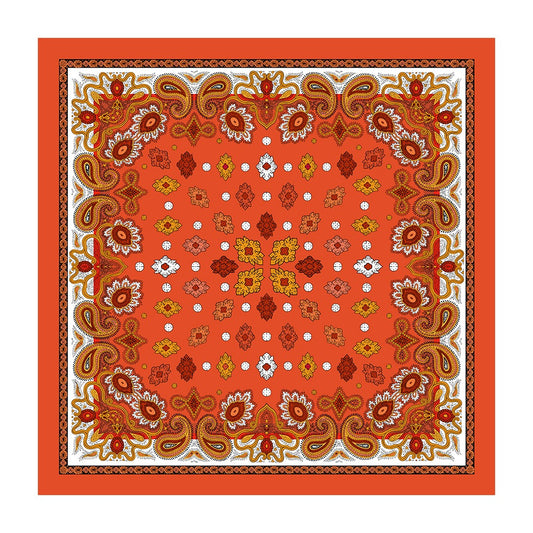 Orange silk square scarf with gold paisley and geometric floral print laid flat