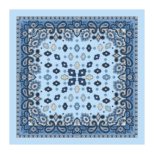 Light blue silk square scarf with navy paisley and geometric floral print laid flat