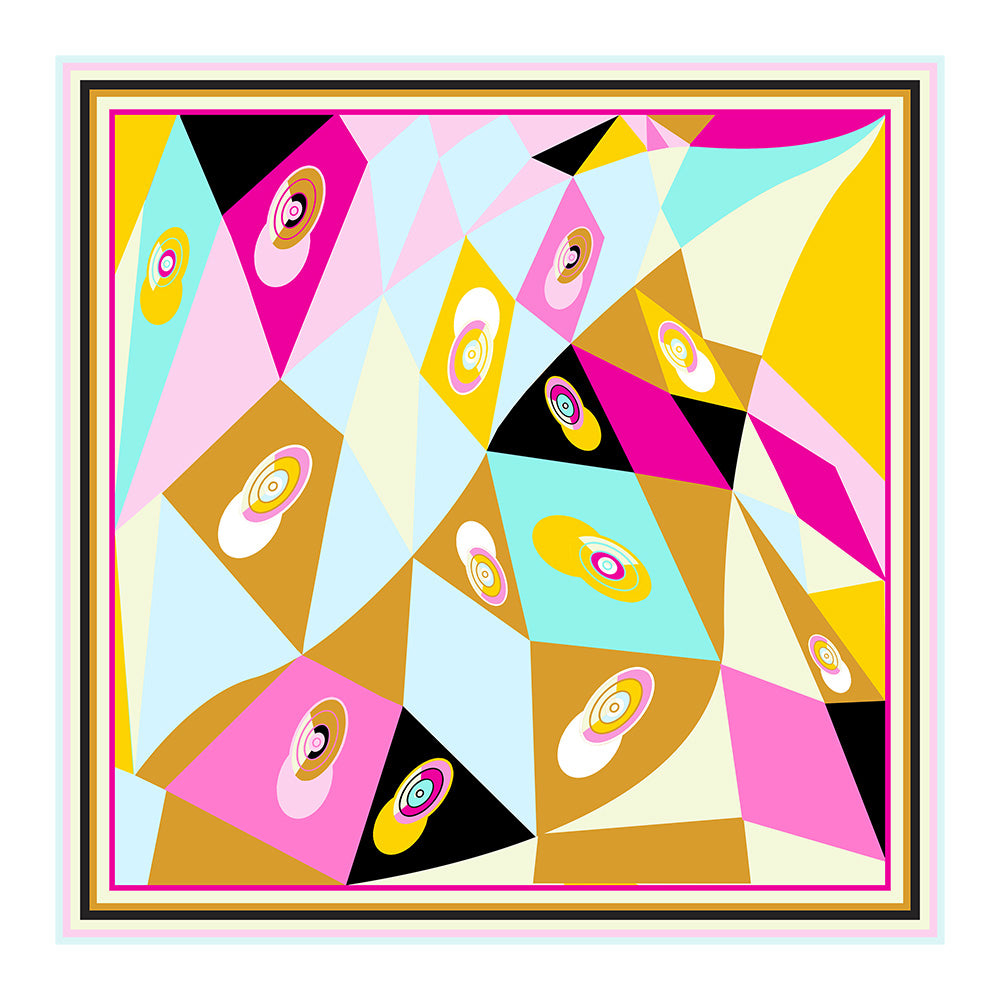 Colorful geometric silk square scarf laid flat
