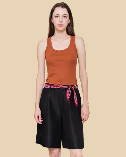 Silk-Cotton Ribbed Tank with Cross-Pleat Back Detail