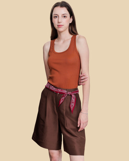 Silk-Cotton Ribbed Tank with Cross-Pleat Back Detail