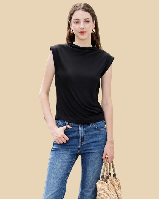 Modal-Silk Blend Mock Neck Ribbed Tee