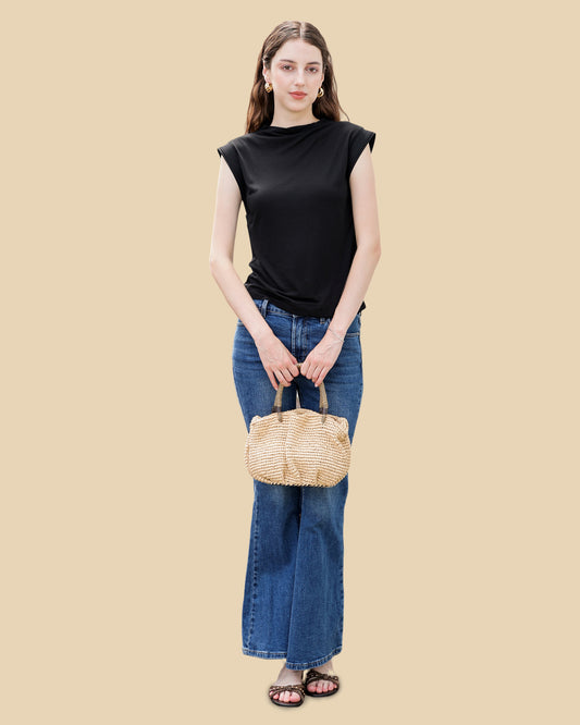 Modal-Silk Blend Mock Neck Ribbed Tee