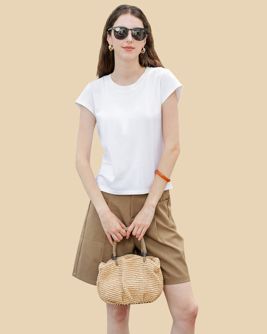 Silk-Cotton Ribbed Knit Tee with Back Pleat