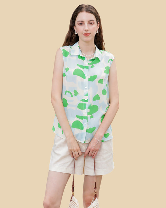Geometric Print Sleeveless Silk Shirt