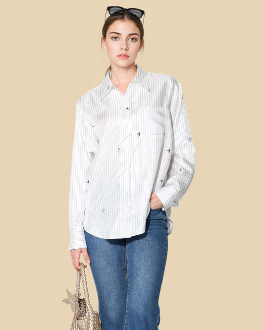 Silk Striped Shirt with Penguin Detail
