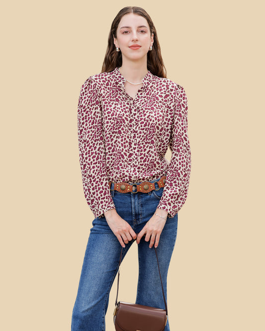 Leopard-Print Silk Blouse with Puff Sleeves