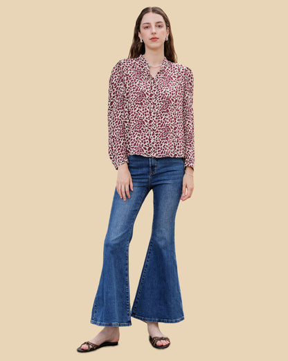 Leopard-Print Silk Blouse with Puff Sleeves