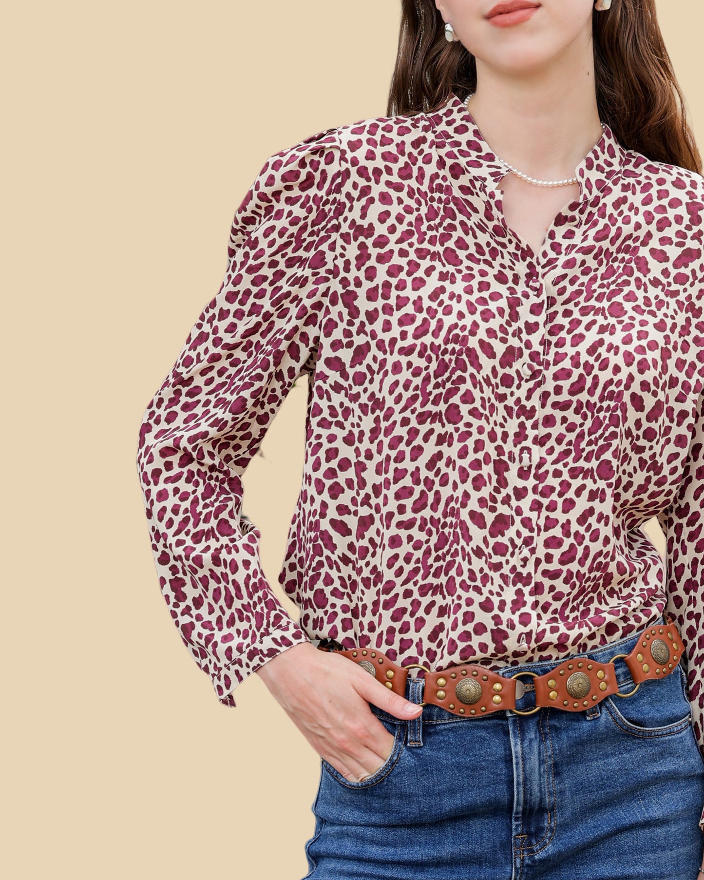 Leopard-Print Silk Blouse with Puff Sleeves