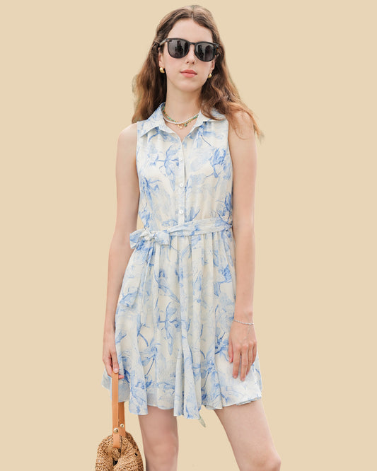 Ink-Blue Floral Silk Dress with Shirt Collar
