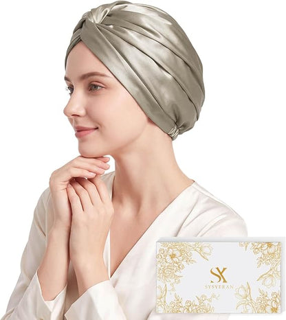 Apricot mulberry silk sleep bonnet on model with gift box