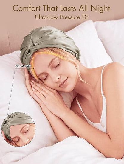 Apricot silk bonnet shown during comfortable overnight sleep