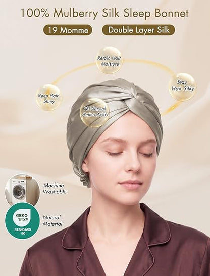 Apricot 19 momme double-layer silk sleep bonnet features