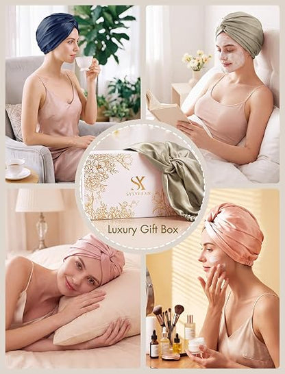 Silk bonnet lifestyle scenes and gift box in multiple colors