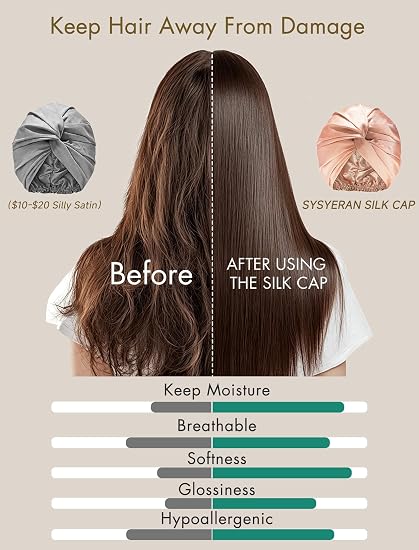 Rose gold silk sleep bonnet hair-care comparison graphic