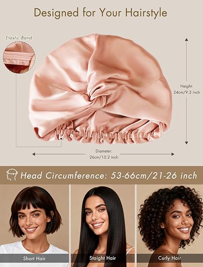 Rose gold silk sleep bonnet fit, elastic band and dimensions