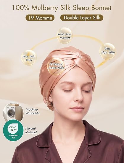 Rose gold 19 momme double-layer mulberry silk sleep bonnet features
