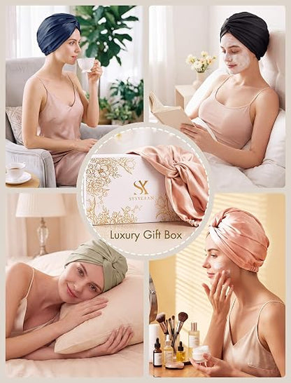 Silk sleep bonnet gift box and lifestyle images in multiple colors