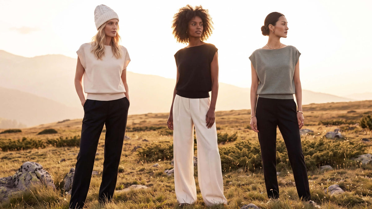 Three models wearing soft knitwear in a mountain landscape
