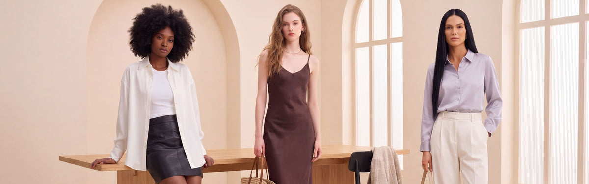Three women wearing contemporary silk and knitwear styles in a bright studio