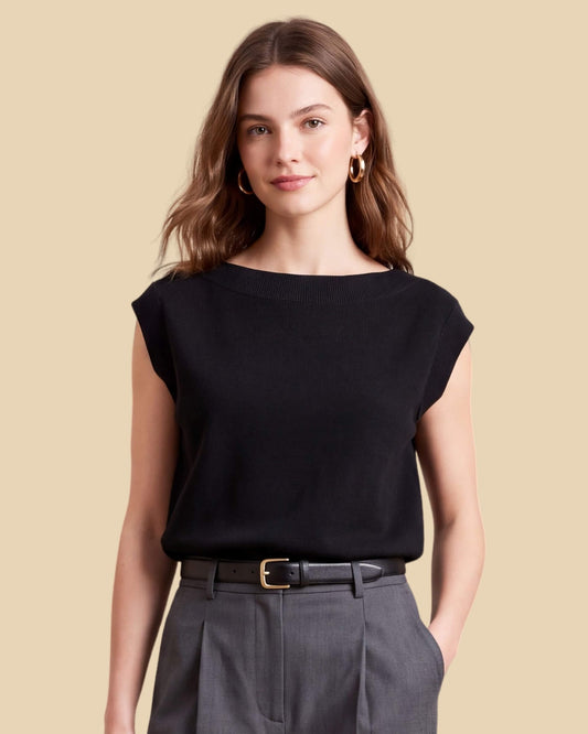 MoliSilk women's boat neck cap sleeve sweater in black, front view