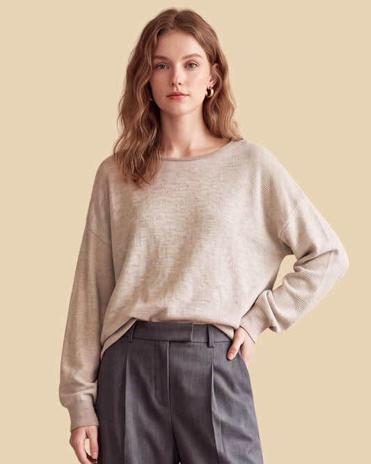MoliSilk women's cotton-linen long sleeve crew neck sweater in white and brown, front view