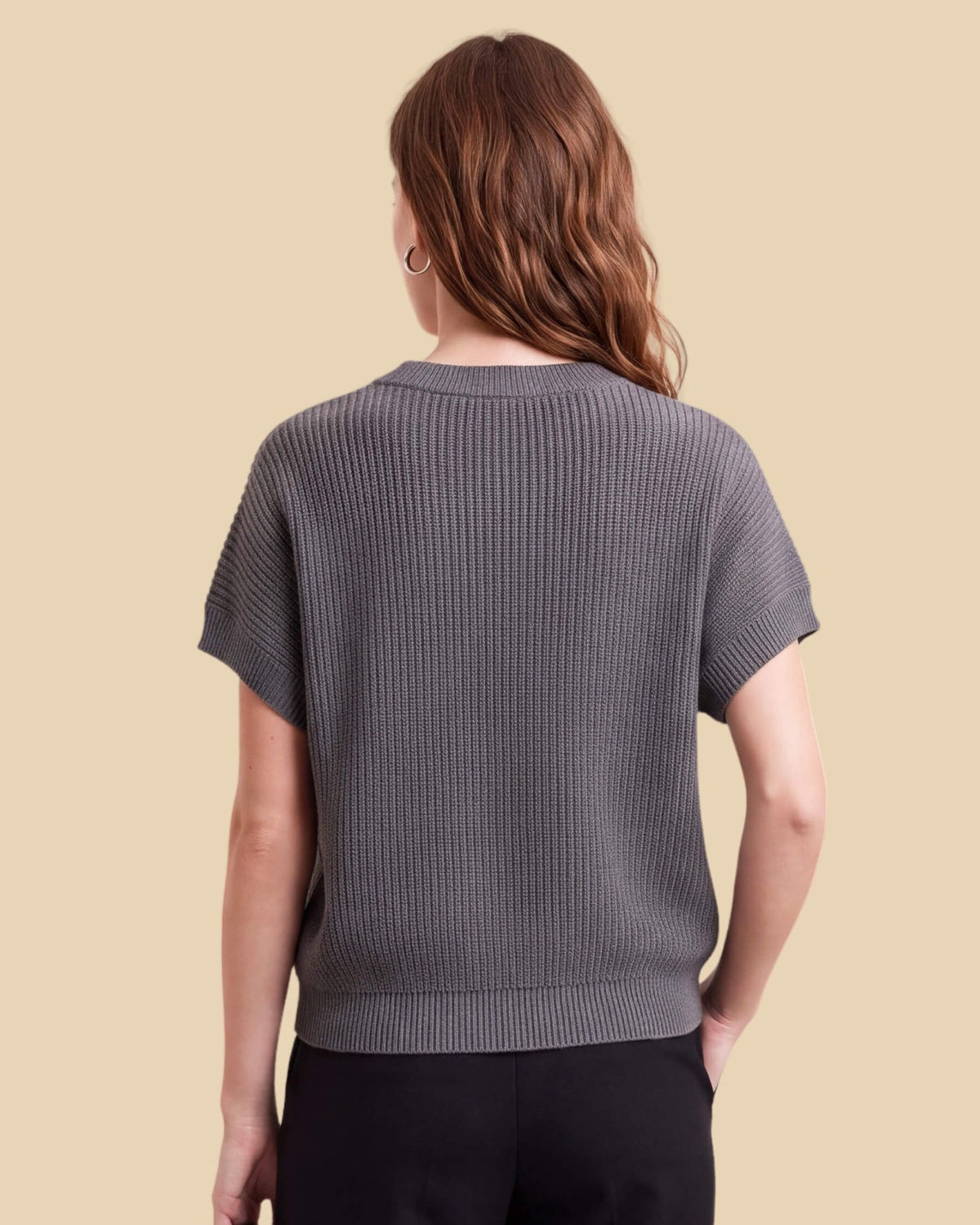 MoliSilk women's cotton-linen short sleeve crew neck sweater in black, back view