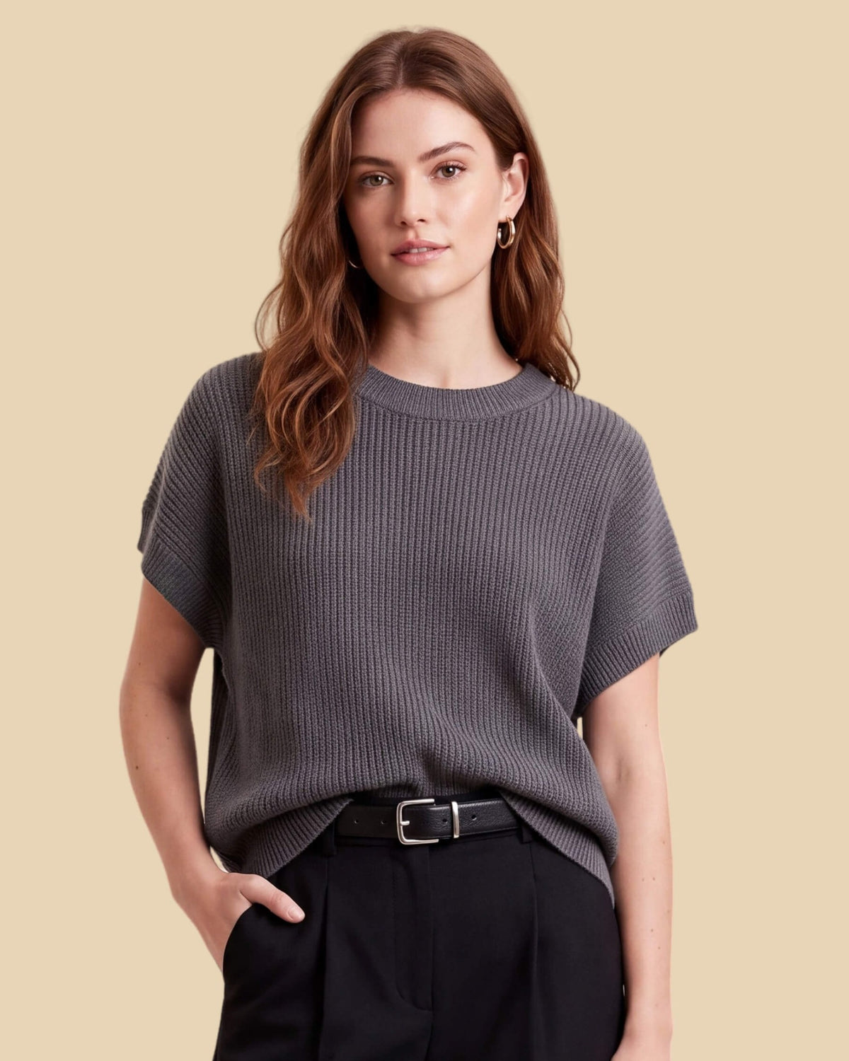 MoliSilk women's cotton-linen short sleeve crew neck sweater in black, front view