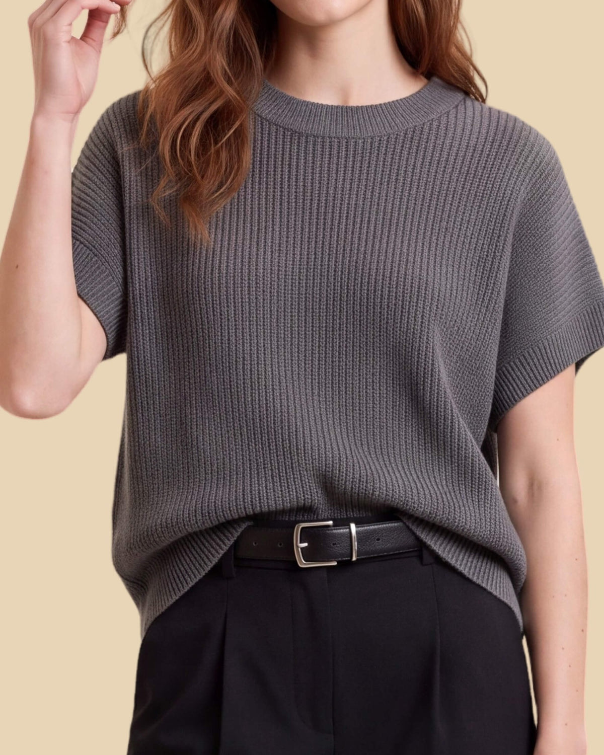 MoliSilk women's cotton-linen short sleeve crew neck sweater in black, crew neck and knit texture close-up