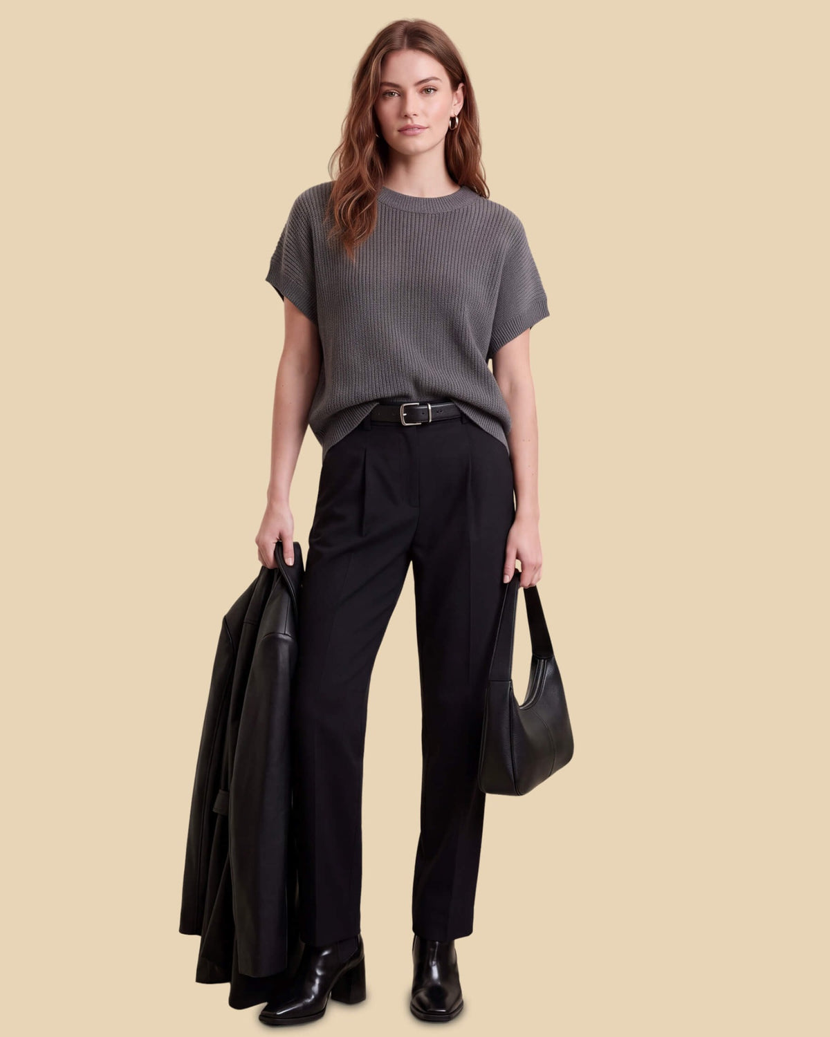 MoliSilk women's cotton-linen short sleeve crew neck sweater in black, full outfit