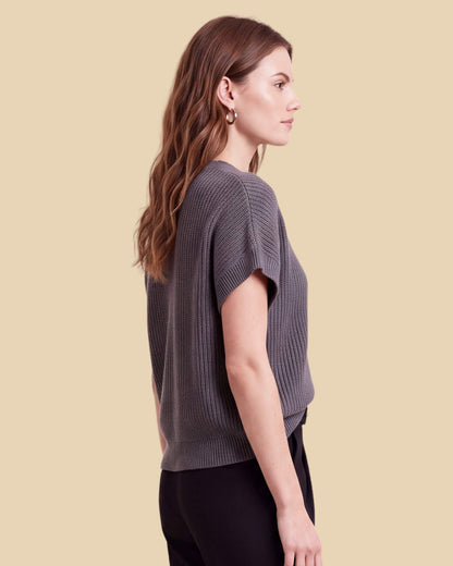 MoliSilk women's cotton-linen short sleeve crew neck sweater in black, side view