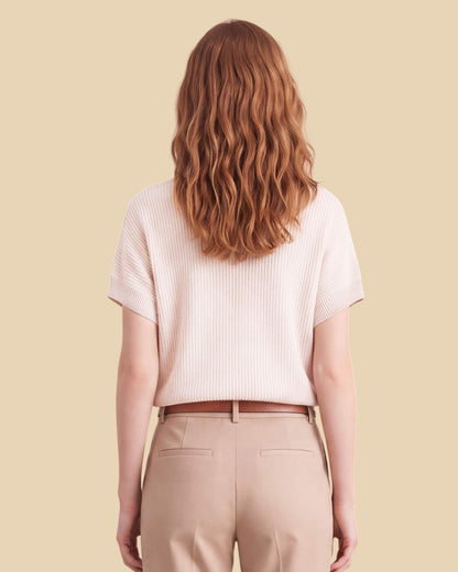 MoliSilk women's cotton-linen short sleeve crew neck sweater in cream, back view