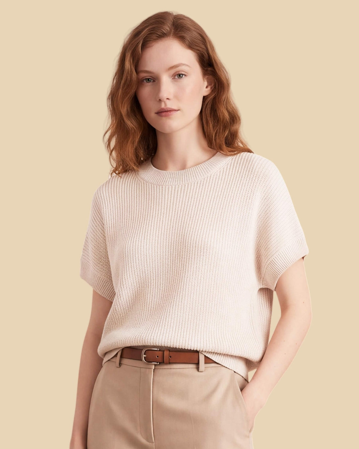 MoliSilk women's cotton-linen short sleeve crew neck sweater in cream, front view