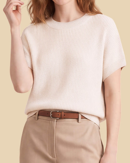 MoliSilk women's cotton-linen short sleeve crew neck sweater in cream, crew neck and knit texture close-up
