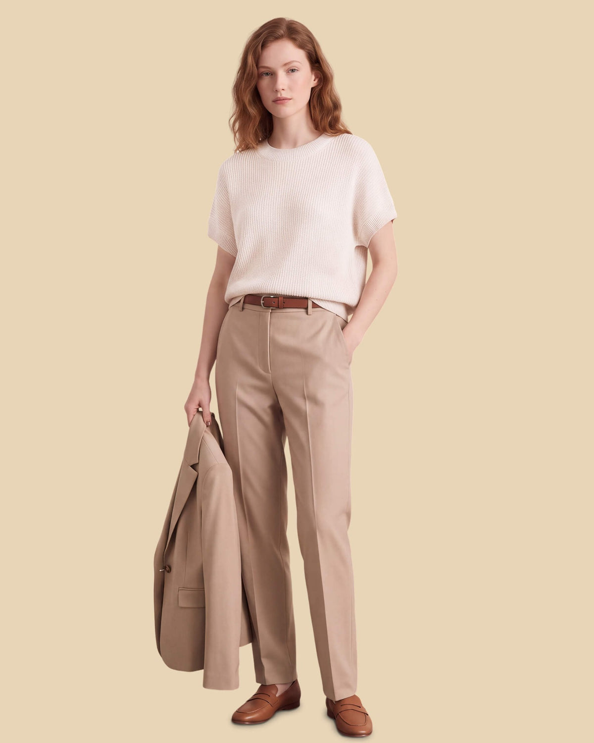 MoliSilk women's cotton-linen short sleeve crew neck sweater in cream, full outfit