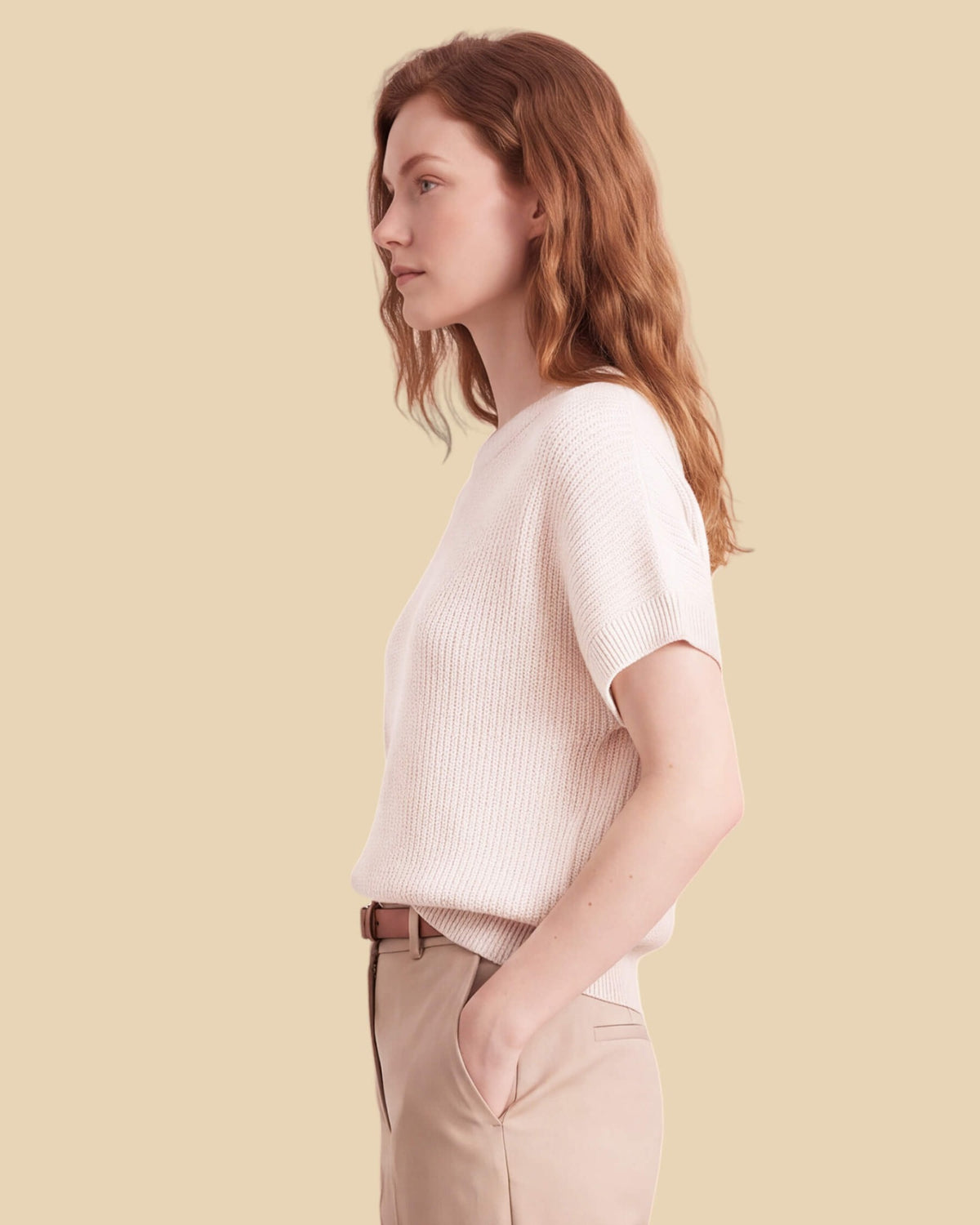 MoliSilk women's cotton-linen short sleeve crew neck sweater in cream, side view