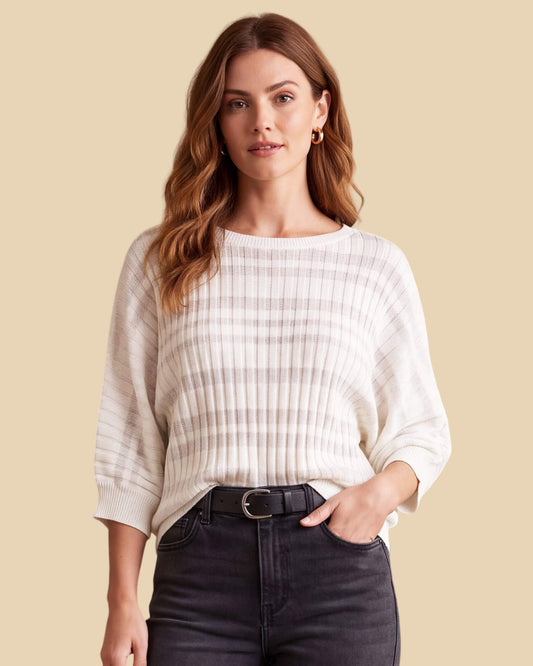 MoliSilk women's cotton-linen three-quarter sleeve crew neck sweater in a light neutral shade, front view